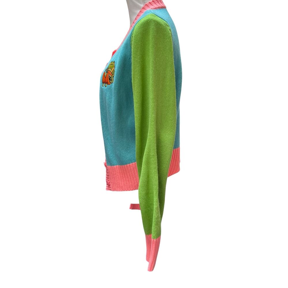 Unique Vintage Frog Cardigan Sweater M/L Colorblock Pink Blue - Picture 2 of 6